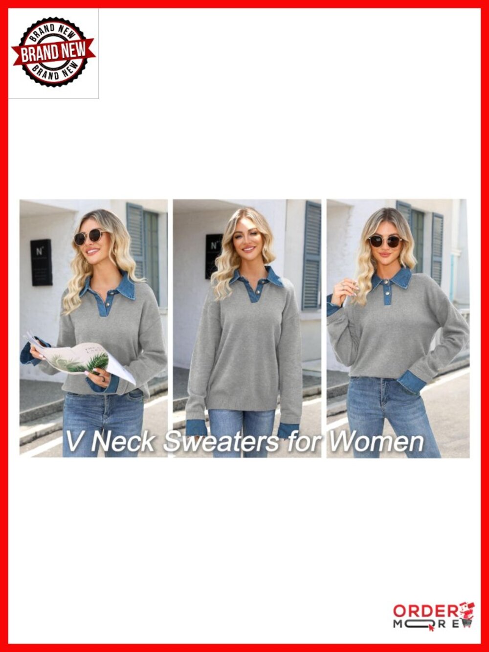 Oversized V-Neck Collared Button Pullover Sweater - Picture 6 of 6
